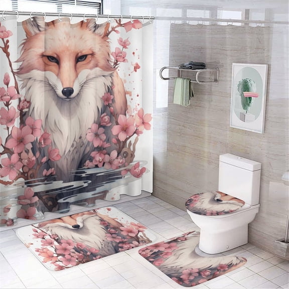 Watercolor Fox 4Pcs Shower Curtain Set Shower Curtain Set with Carpet Bath Mat