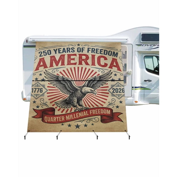 4th of July RV Awning Sun Shade Screen 9'X7' 250 Years of Freedom Mesh Sunscreen Vintage Star Eagle Awning Shade Screen with Zipper UV Blocker Completed Kits Outdoor Canopy for RV Motorhome Camper