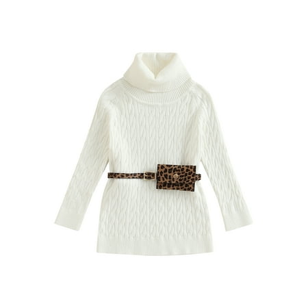 

Gwiyeopda Kids Toddler Baby Girl Dress Suit Long Sleeve High Neck Knit Solid Color Fall Dress+ Waist Bag