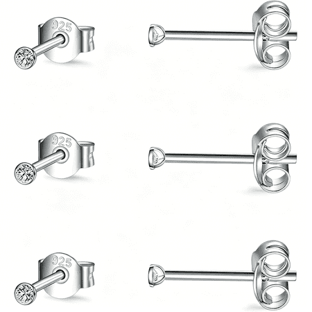 DESIGNICE Sterling Silver Stud Earrings for Women Men-3 Pairs of Tiny Round Cubic Zirconia Earrings Cz Small Cartilage Tragus Earrings(2Mm/3Mm/4Mm)