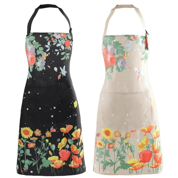 Apron for Women with Pockets, 2 Pcs Waterproof Floral Apron with Adjustable Neck Strap for Cooking, Baking, Gardening, Crafts