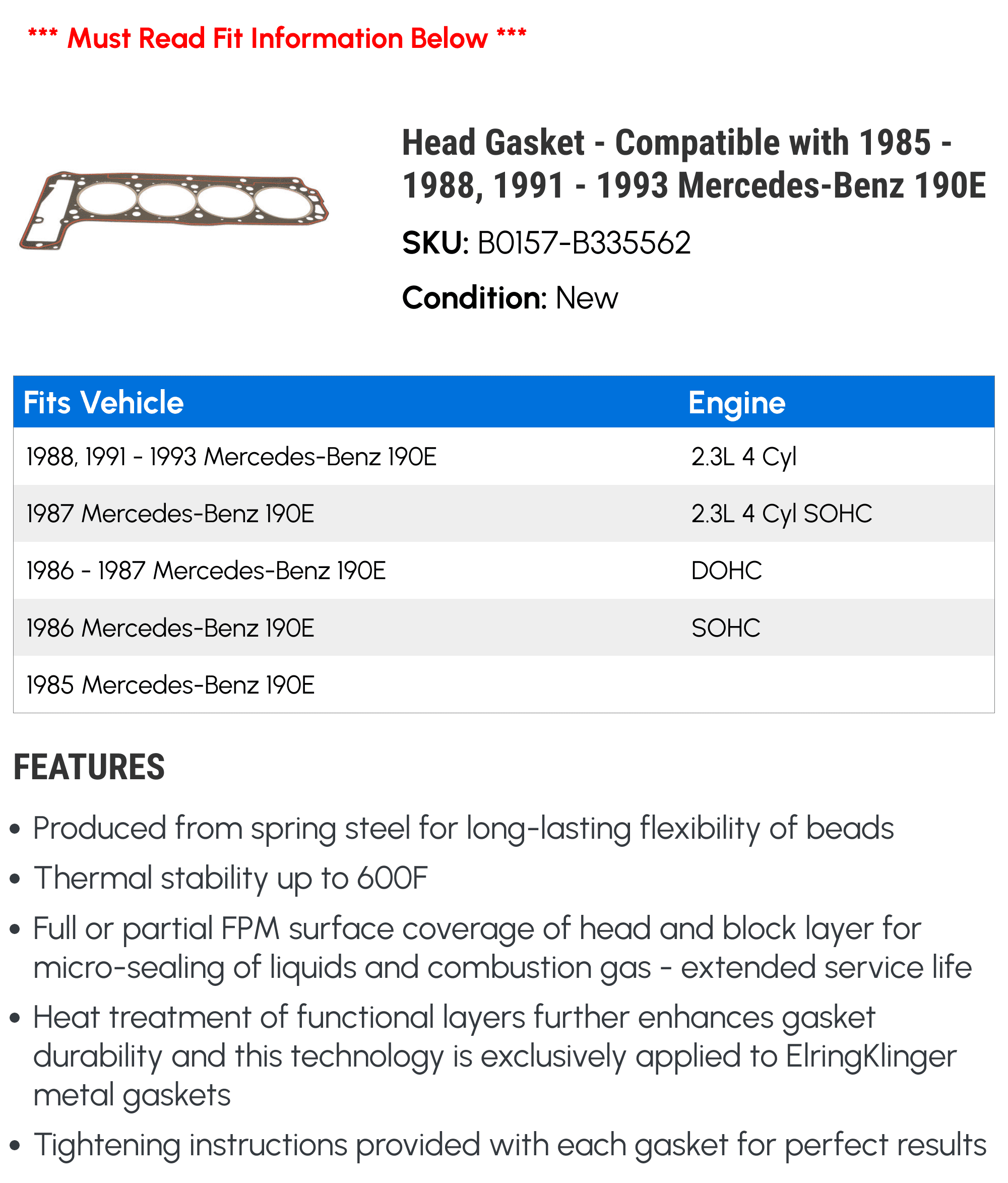 Head Gasket - Compatible with 1985 - 1988, 1991 - 1993 Mercedes-Benz 190E 1986 1987 1992