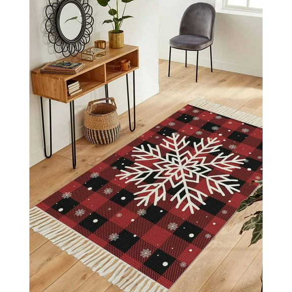 Christmas Red and Black Checkered,Area Rug 3x5ft Woven Runner Rug,Winter Snowflake Washable Living Room Hallway Bedroom Kitchen Carpet with Tassels,Indoor Outdoor Throw Door Mat for Entryway