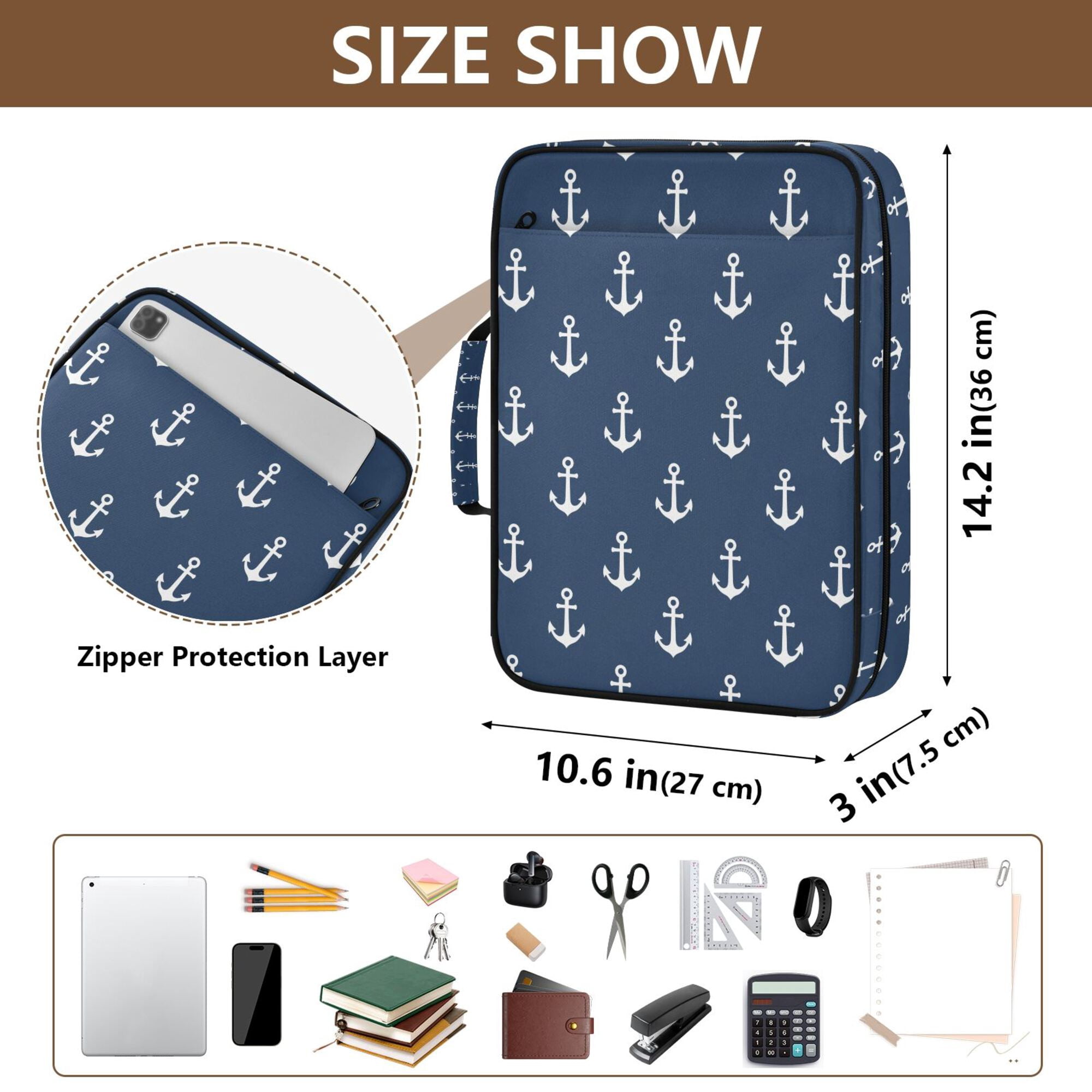 FORMRS Accordion File Folder A4 Size 7-Pocket Expanding Document Organizer Bag with 3 Ring Binder, Navy Blue Anchors Pattern