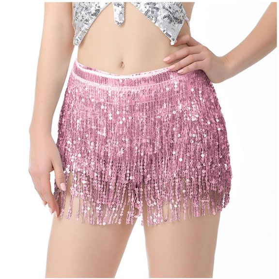 qolati Women's Glitter Sequin Mini Skirt Trendy Tassel Wrap Dance Short Skirt Hip Scarf Party Prom Skirts Holiday Outfits