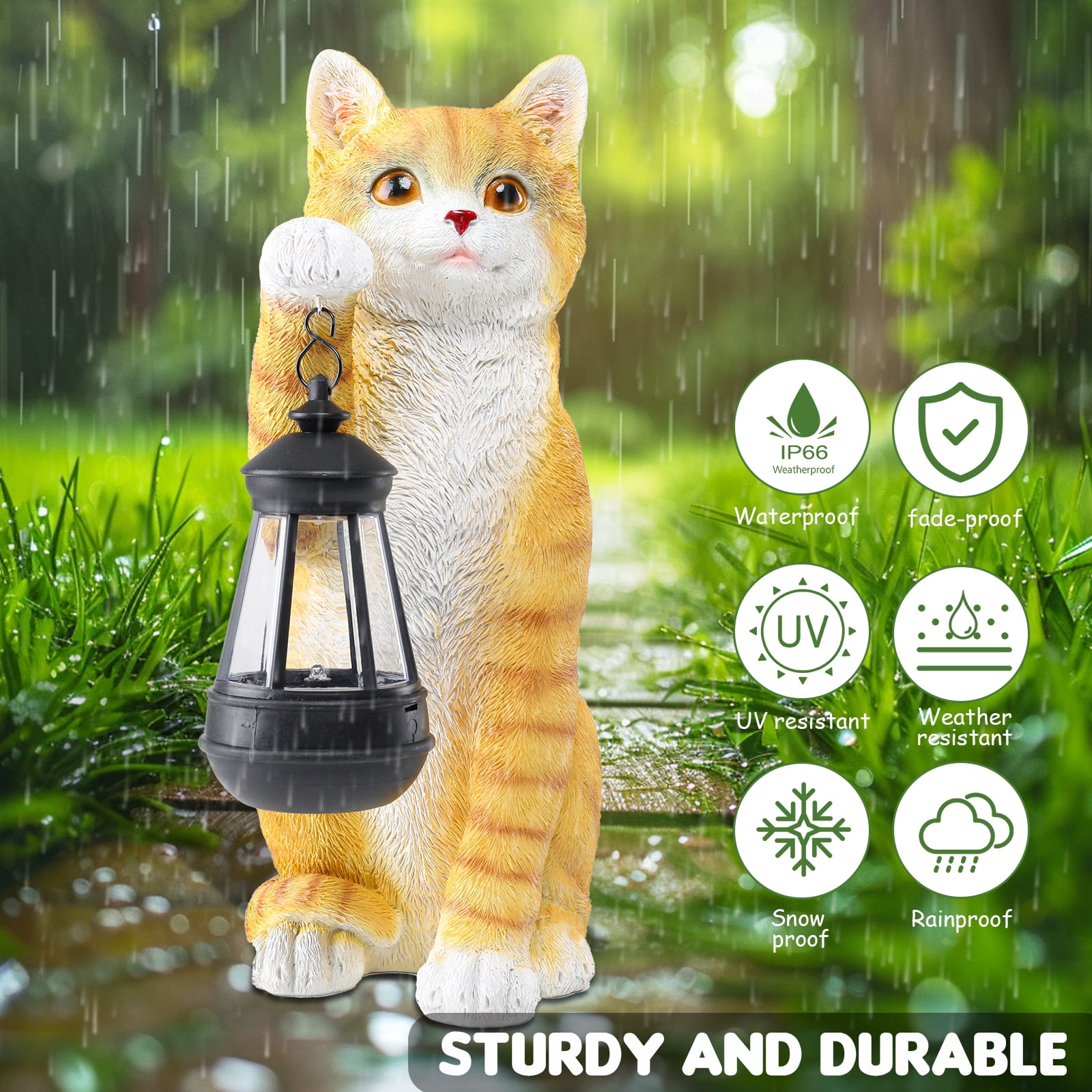 Cat Statue Garden Decor with LED Lantern for Outside -Resin patio Art Gift for lover,Cat Statues for Garden,Patio,Yard Decoration