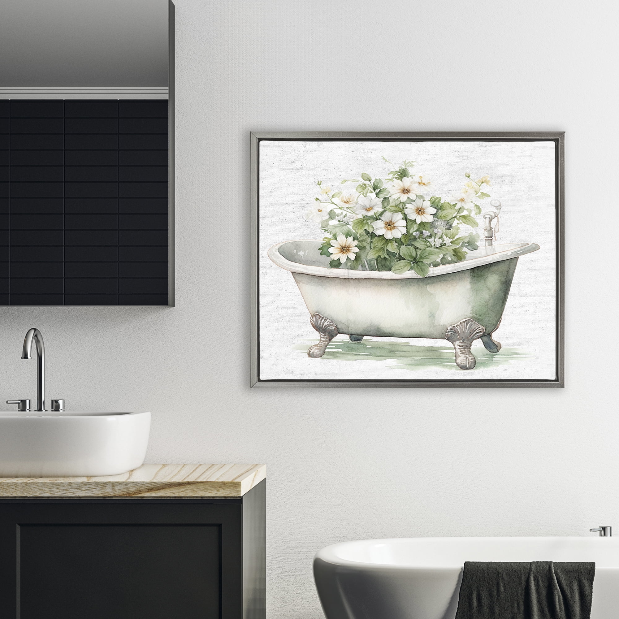 Boho Tub with Daisies Gray Framed Floater Canvas Wall Art, design by Lettered and Lined
