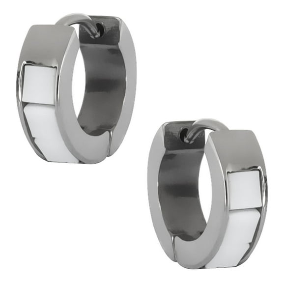 Gem Stone King Stainless Steel White Tiles Huggie Hoop Earrings 13mm Length, 5mm Width