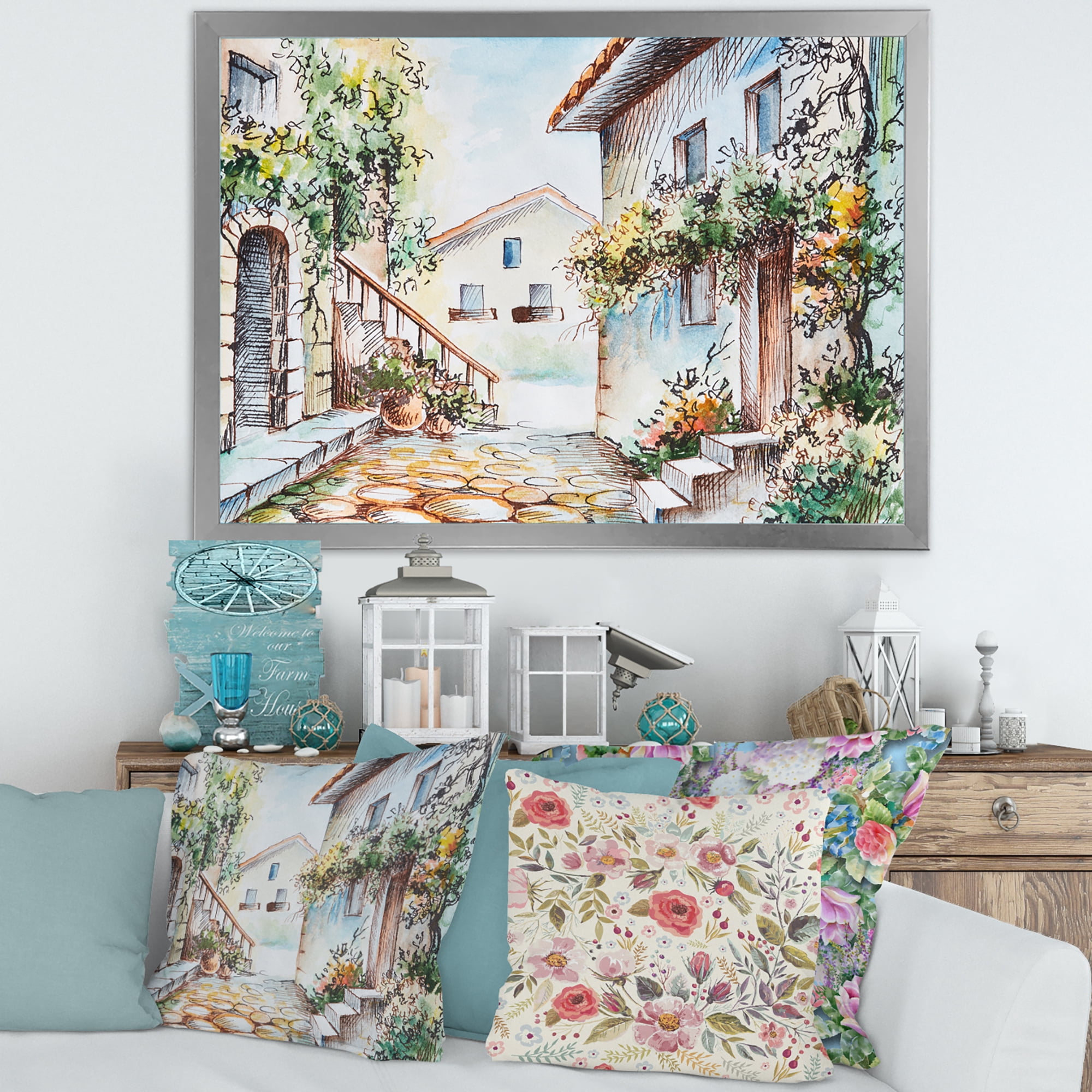 Designart 'Sunny Day At The Vintage City Cozy Street' Traditional Framed Art Print
