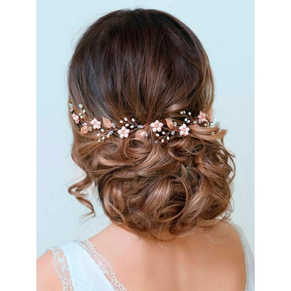 Wedding Headpiece Rose Gold Bride Flower Hair Vine Pearl Bridal Crystal Headband for Women (Rose Gold)