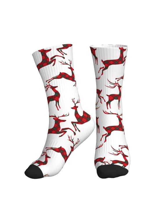 Crew Socks for Women Men Athletic - Plaid Pattern Deer Red Soft Comfort Breathable Mid-Calf Sole Running Socks Womens Men