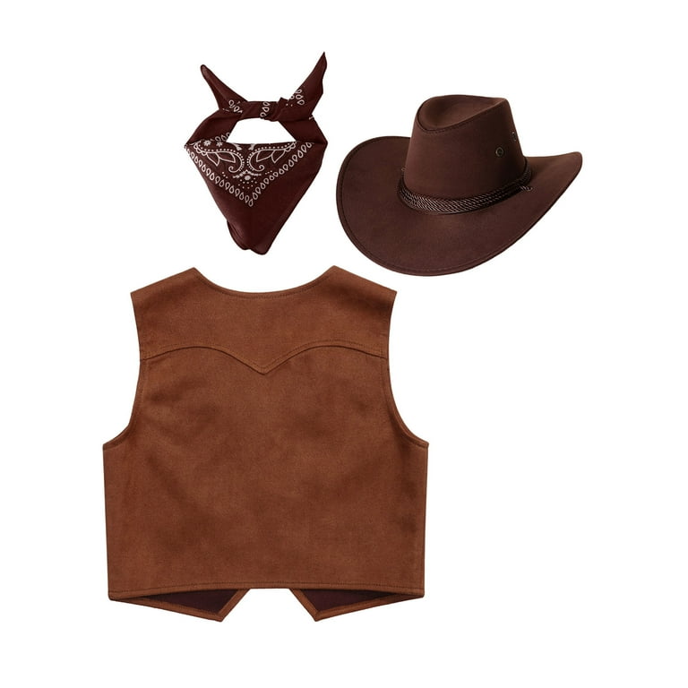 Yizyif 3pcs Kids Cowboy Cowgirl Costume Girls Boys Vintage Vest Coat with Hat Bandana Western Rodeo Outfit Brown 12 Kids Unisex