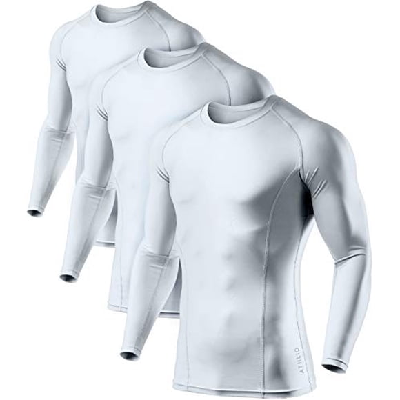 ATHLIO Men's UPF 50+ Long Sleeve Compression Shirts, Water Sports Rash Guard Base Layer, Athletic Workout Shirt, 3pack White/White/White, X-Large
