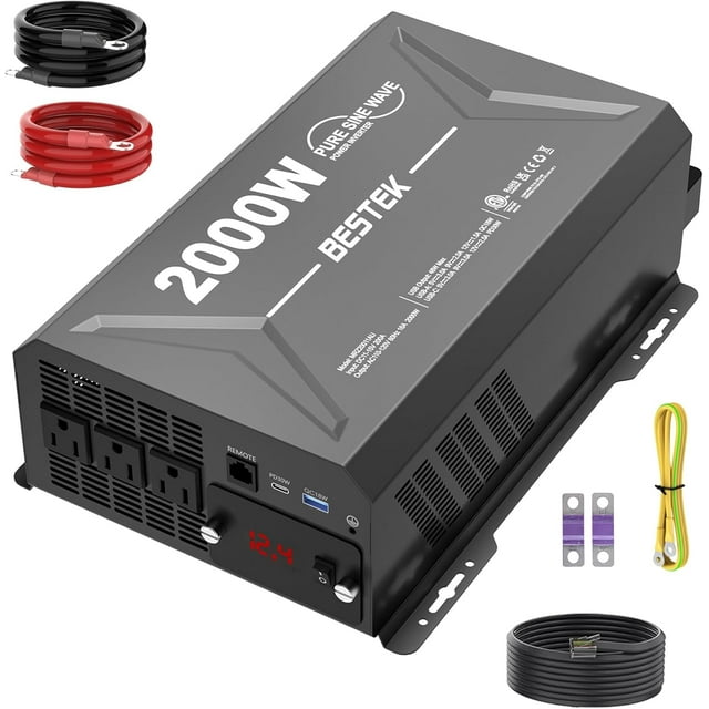 2000 Watt Pure Sine Wave Power Inverter, 12V DC to 110/120V AC Inverter with 3 AC Outlets, Remote, PD 3.0 USB Port, QC 18W, Remote Controller, LED Display,For RV Solar Systems,Semi Truck,Vehicles,Boat