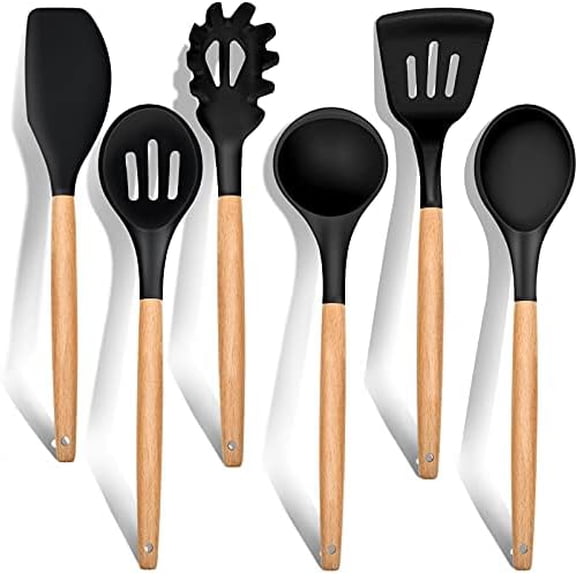 Cooking Utensils Set of 6, Silicone Kitchen Utensils with Wooden Handle, Non-stick Cookware Friendly & Heat Resistant, Includes Spatula/Ladle/Slotted Turner/Serving Spoon/Spaghetti Server(Black)