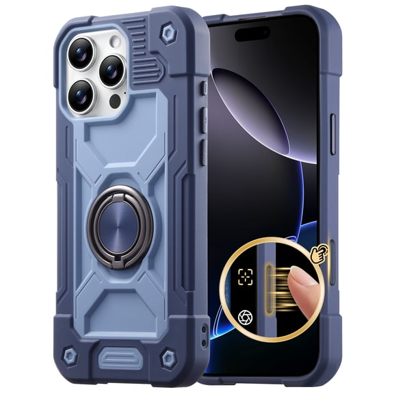 TECH CIRCLE Case for iPhone 15 Pro Max,Shockproof Silicone PC Case with 360° Rotating Ring Holder Kickstand Rugged Protective Cover ,Blue