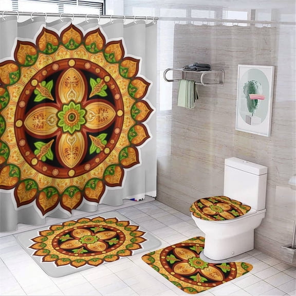 Floral Mandala Art Print Shower Curtain Waterproof Bathroom Curtain Set with Hooks Home Decor Bathroom Curtains 4pcs