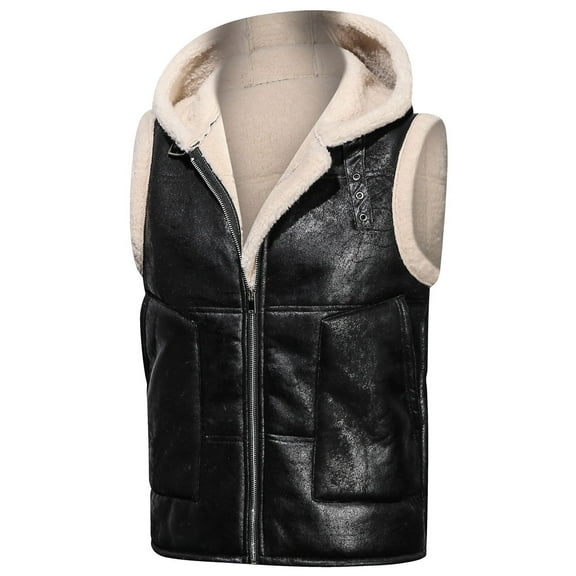 XMMSWDLA Sales Clearance Blousse for Men Winter Solid Color Vest Leather Clothin One Coat Retro Warm Hooded Jacket