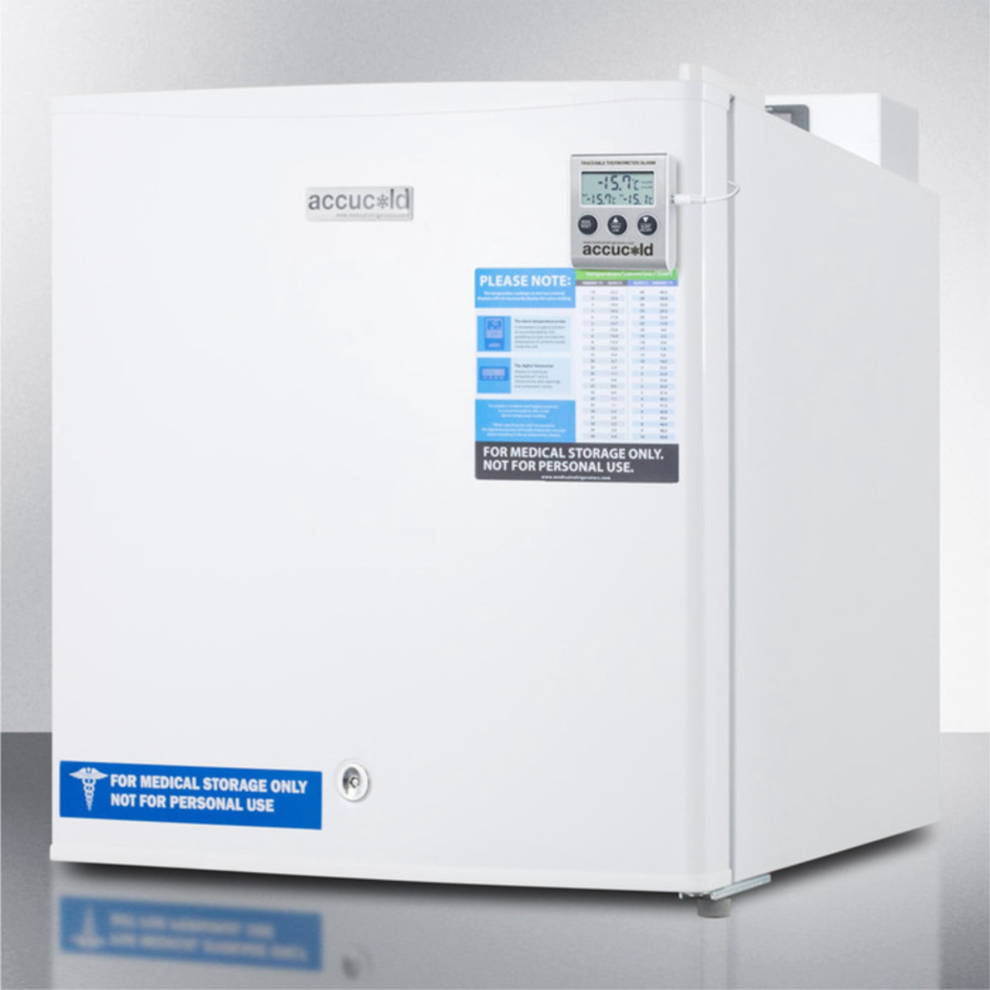 Compact -20 C vaccine storage all-freezer with digital thermostat, temperature alarm, hospital grade cord, self-closing door, and front lock