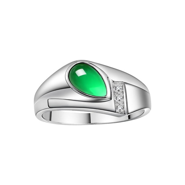 RYLOS Men's Rings Sterling Silver Ring - Timeless Pear Shape Cabochone Gemstone & Diamonds - Tear Drop Cabochon EMERALD Rings For Men Size 9