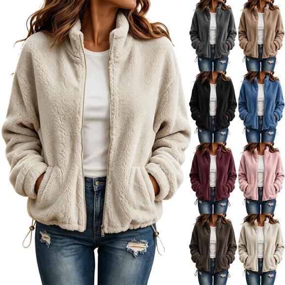 Fleece Jacket Women Solid Color Stand Collar Zip Up Fuzzy Short Coat with Pockets for Fall Daily Wear and Casual Outings