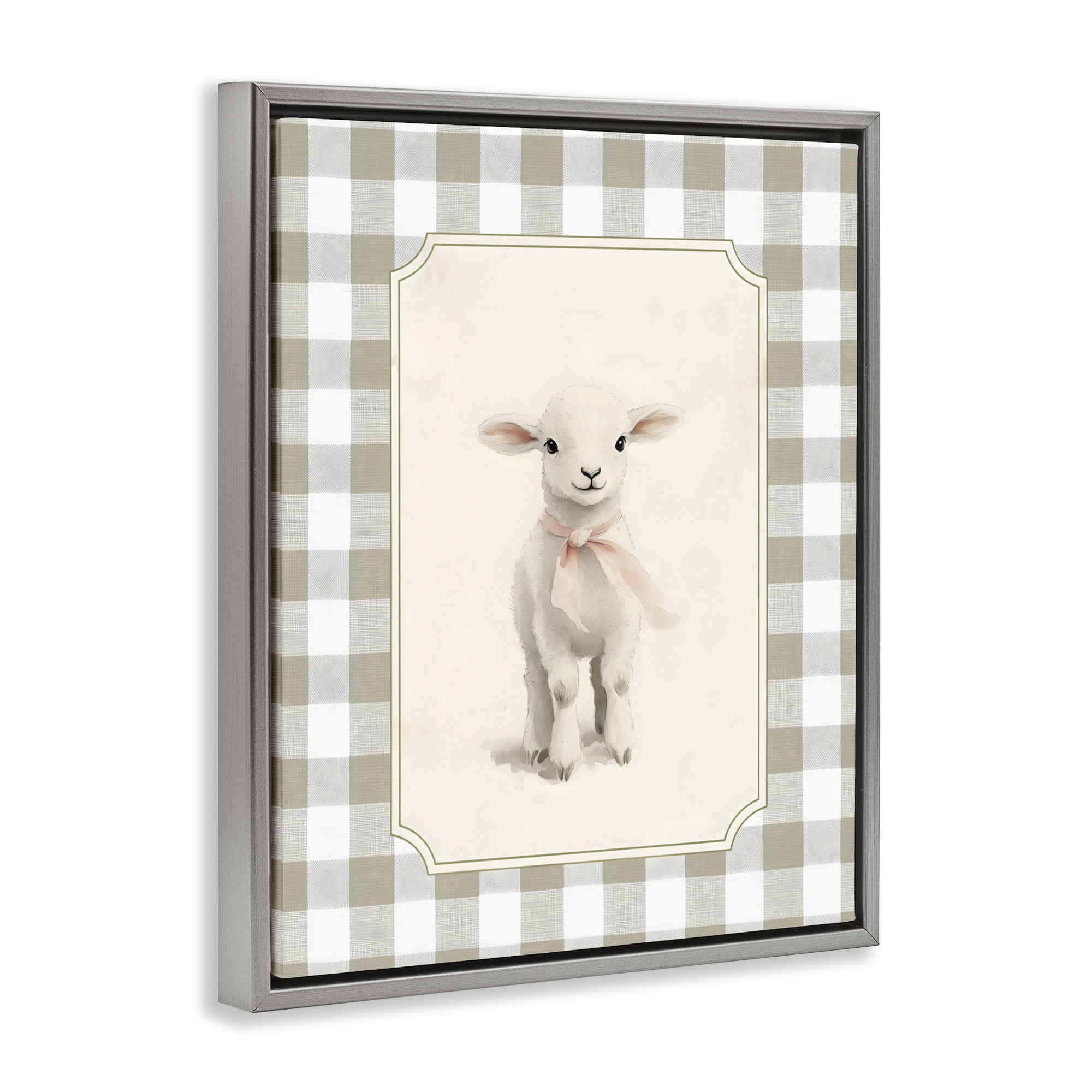 Stupell Industries Gingham Lamb with Pink Ribbon Gray Framed Floater Canvas Wall Art, design by Arlington Prints