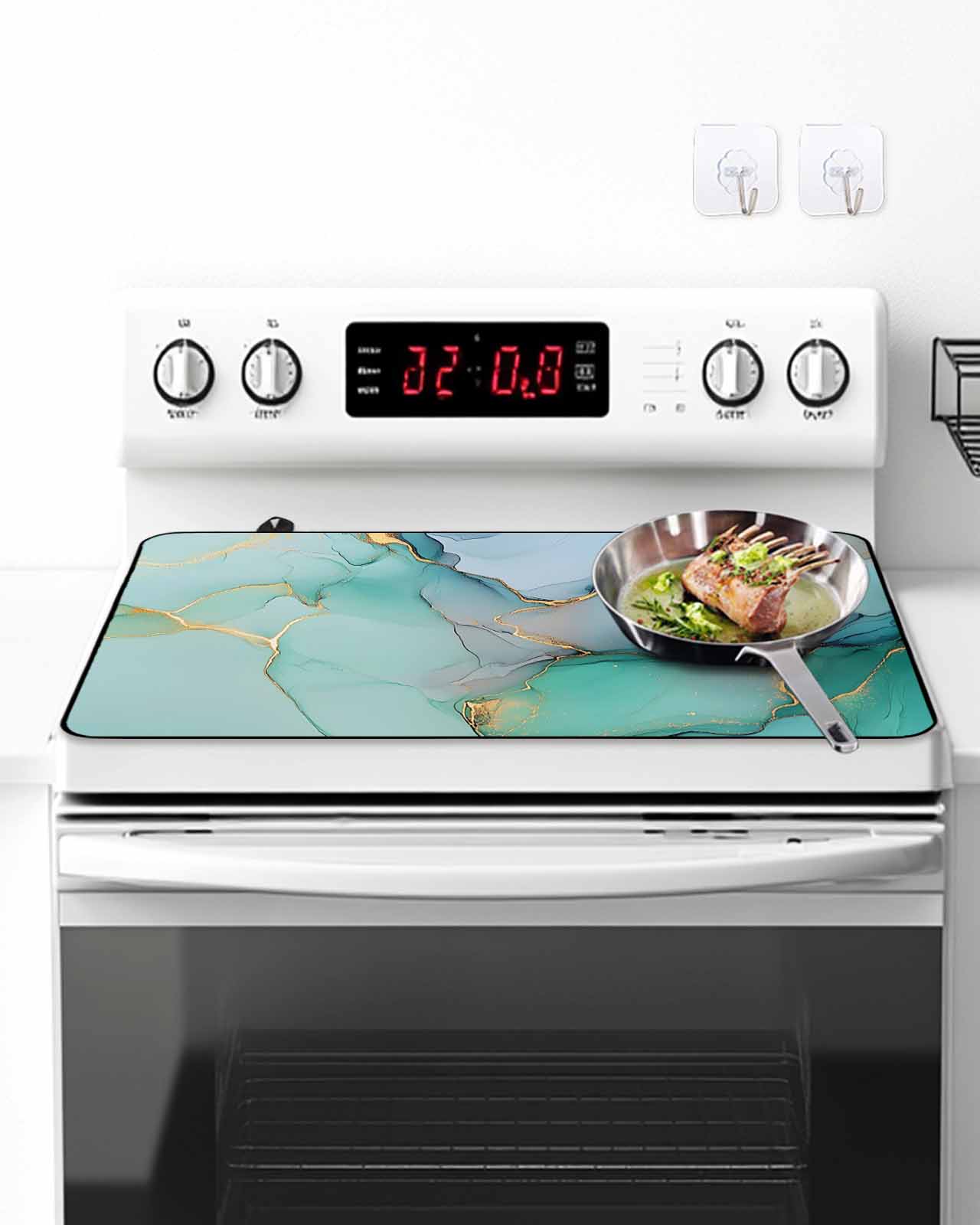 Stove Top Covers for Electric Stove, Teal Glass Stovetop Cover Protector, Modern Marble Ink Painting Abstract Art Induction Cooktop Protector Oven Mat for Kitchen Countertop 24"x21"