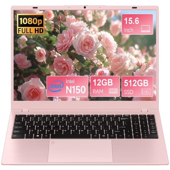 Pre-Owned Akocrsiy 15.6" Laptop Computer, 12GB RAM 512GB SSD, FHD Display with Intel N150 (up to 3.6GHz), Windows 11 Pro Laptop, Fingerprint, Backlit KB, Pink