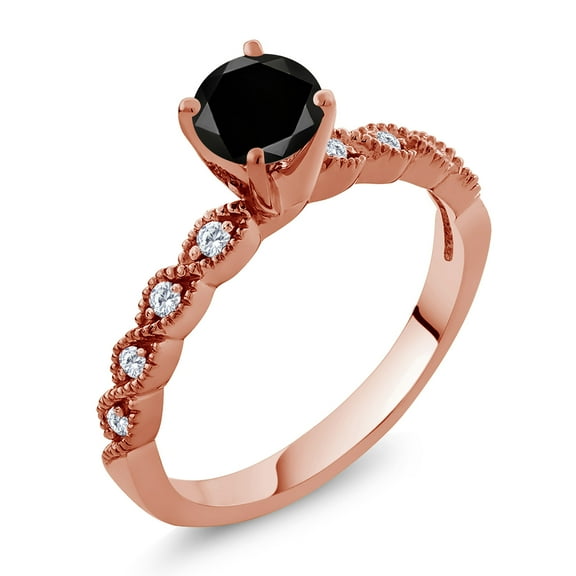 Gem Stone King 18K Rose Gold Plated Silver Ring Round Black Diamond and Moissanite (1.17 Cttw, Size 6)