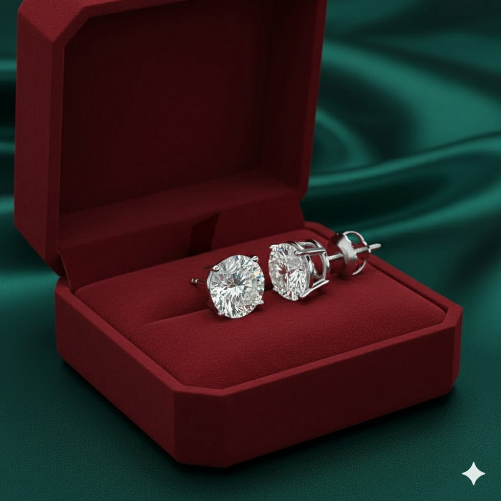 Brilliance Jewels 4 Prong Diamond Round Shaped Screw Back Stud Earrings For Women In 14K Gold Plating Over Silver