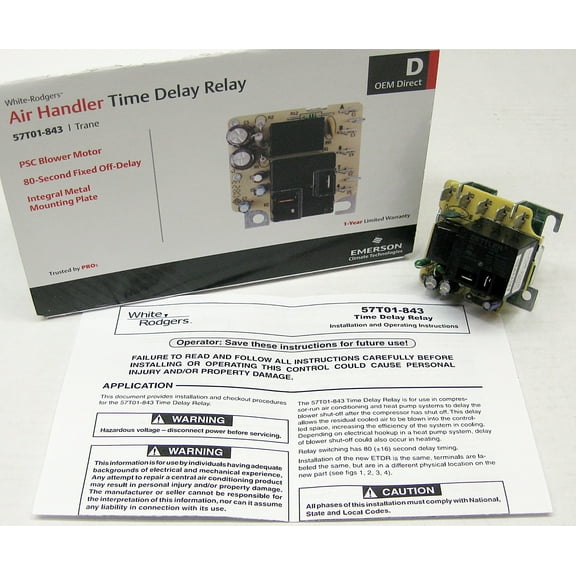 Emerson 57T01-843 Trane Direct Replacement Single Stage Blower Time Delay Used for Postpurge on Trane Air Handlers