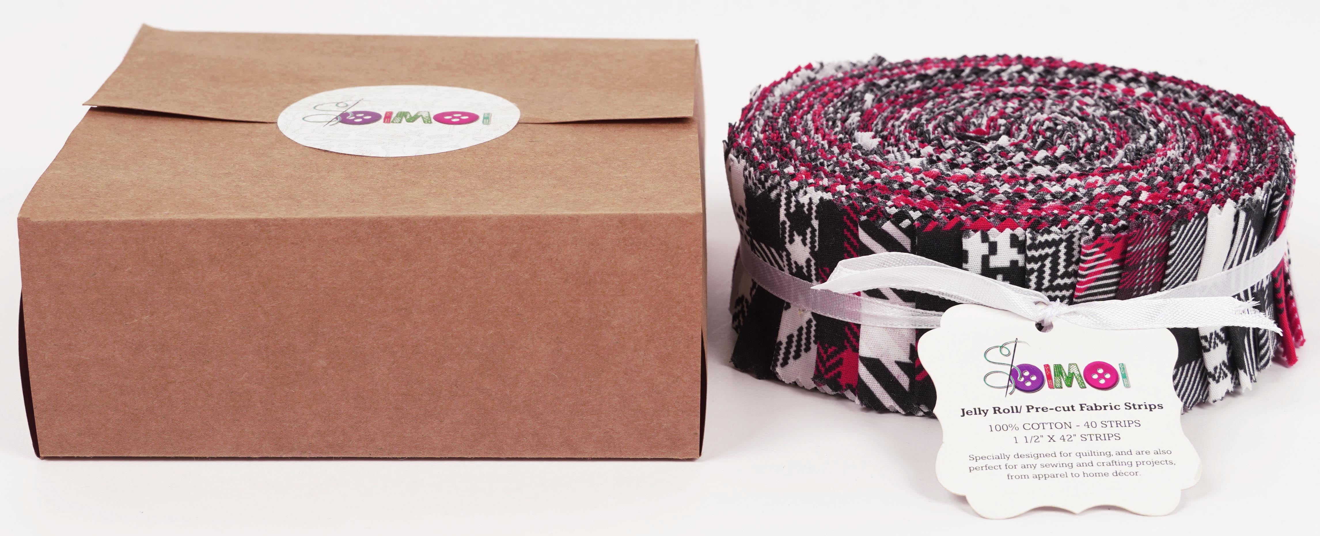 Soimoi 40Pcs Check & Tartan Print Precut Fabrics Strips Roll Up 1.5x42inches Cotton Jelly Rolls For Quilting - Magenta & Black