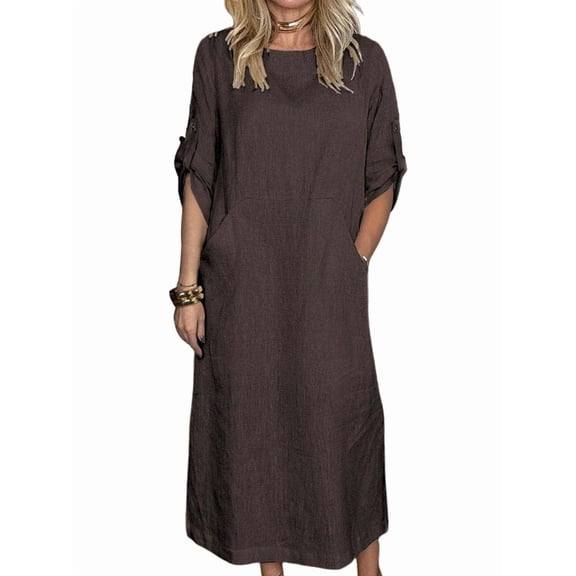 Womens Loose Fit Casual Solid Color Short Sleeve Linen Blend Midi Dress Summer Brown XL