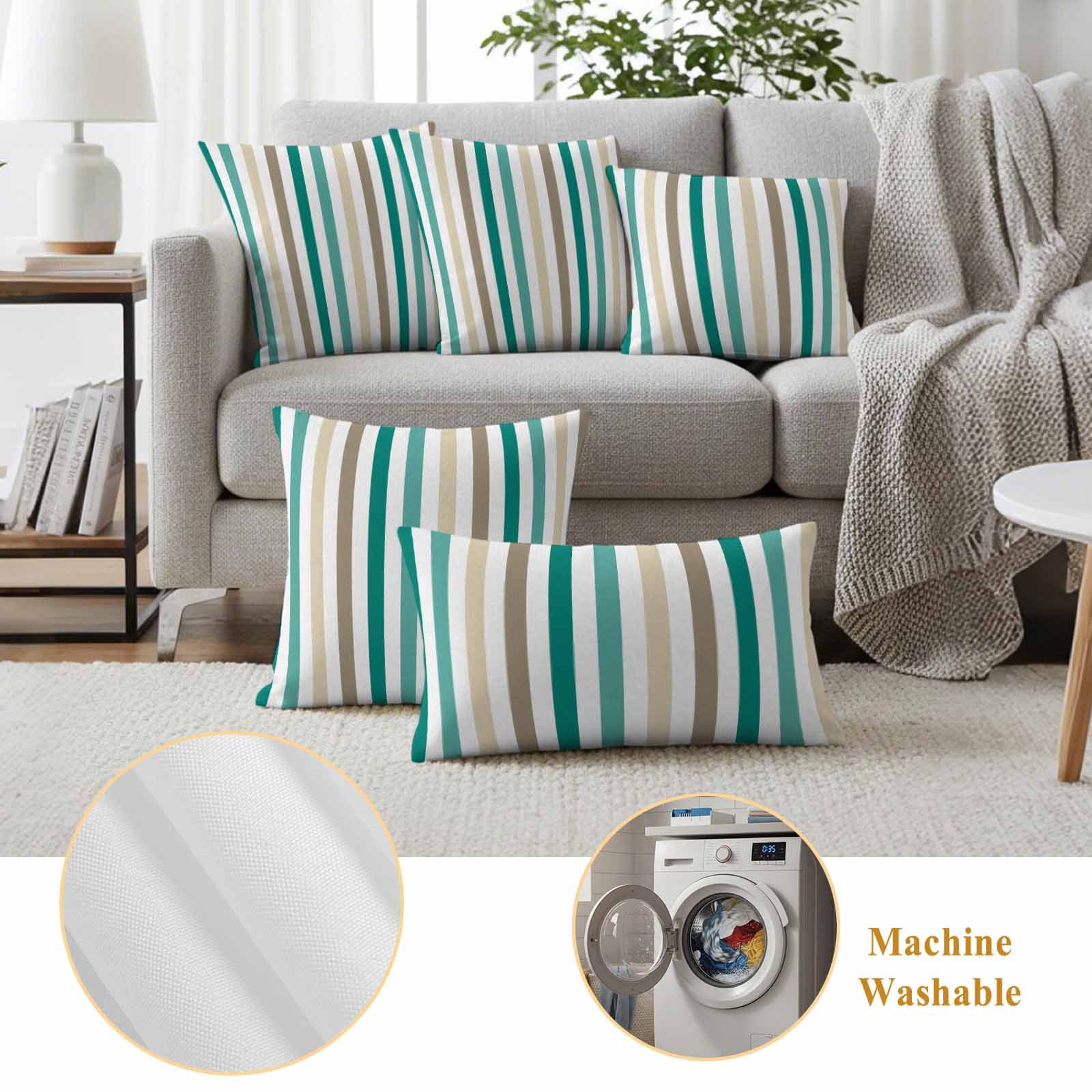 Teal Brown Stripe Outdoor Waterproof Pillow Covers, Gradient Geometric Vertical Striped Decorative Square Throw Pillowcase Sofa Cushion Sham for Patio/Couch/Chair, 18"x18" 2 Pack