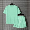 thumbnail image 4 of Mens 2 Piece Outfit Crew Neck Short Sleeve Ligjtweight Drawstring Shorts Summer Solid Color Set With Large Pockets Green L, 4 of 7