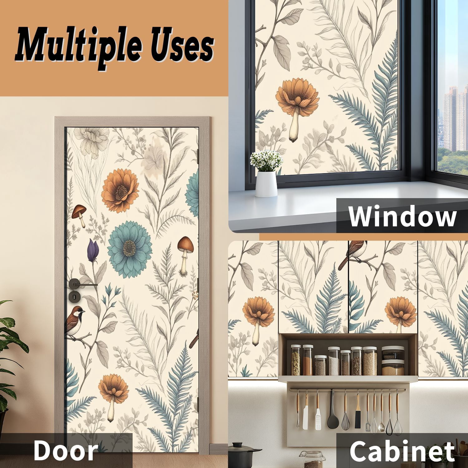 Self Adhesive Vinyl Refrigerator Wrap Set Botanical Floral Birds Mushrooms Muted Colors Door Mural Removable Fridge Sticker Peel and Stick&nbsp;Full Door Cover Decal Kitchen Bar Decor