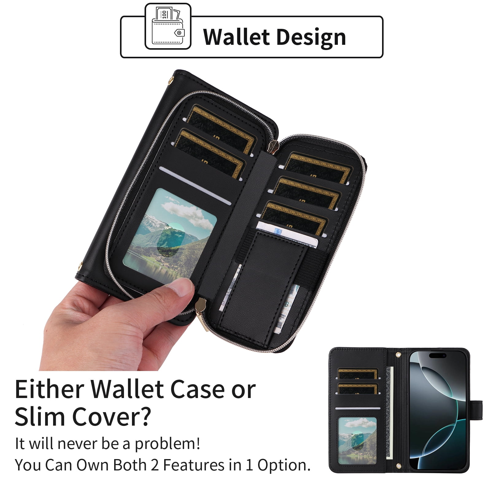 Furiet Argyle Wallet Case for iPhone 17 Pro 6.3 inch & Wrist/Shoulder Strap, Card Slots Zipper Purse Luxury PU Leather Stand Checkered Cell Phone Cover for i Phone17 i17 17Pro Women Girls Black