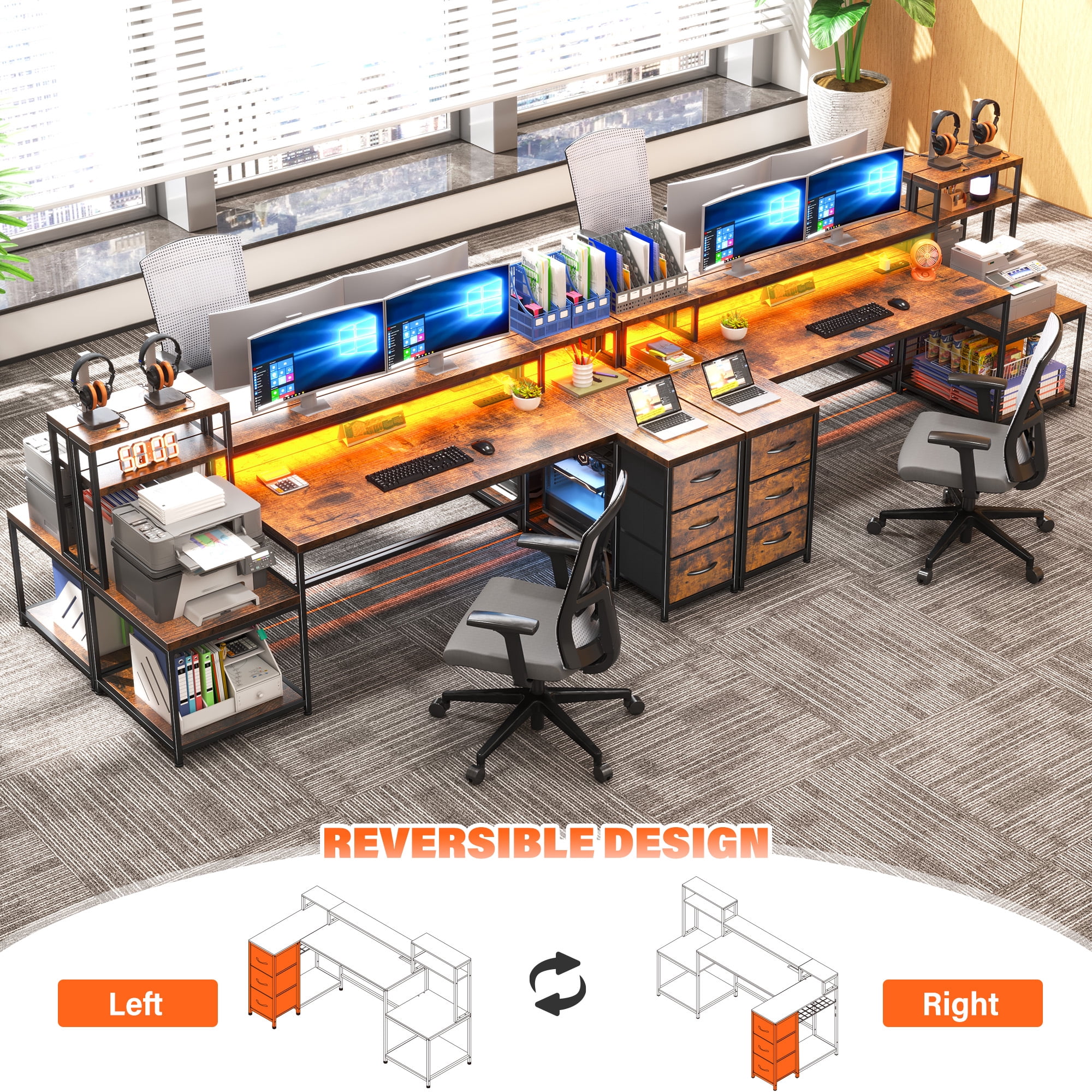 EnHomee 70.9" L Shaped Gaming Desk with Drawers, Computer Desk with Power Outlet & LED Lights, Home Office Desk, Rustic Brown