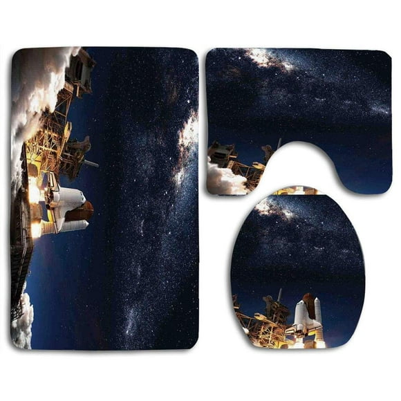 EREHome Galaxy Shuttle on Take Off Discovery 3 Piece Bathroom Rugs Set Bath Rug Contour Mat and Toilet Lid Cover