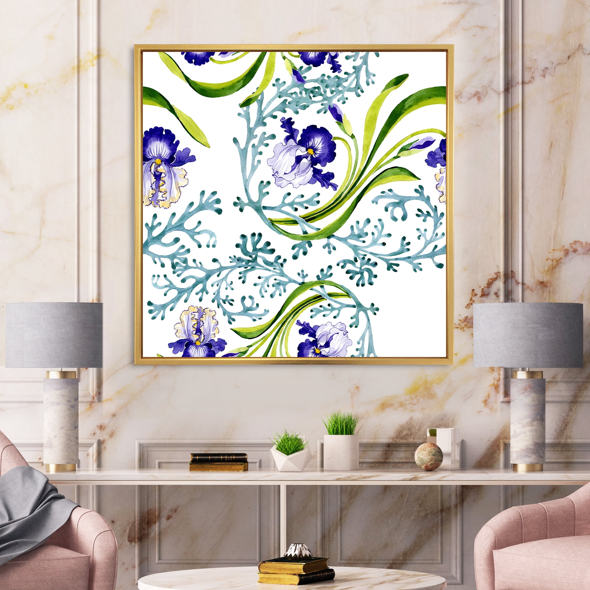 Designart 'Abstract Blue Iris With Wild Spring Leaves' Traditional Framed Canvas Wall Art Print