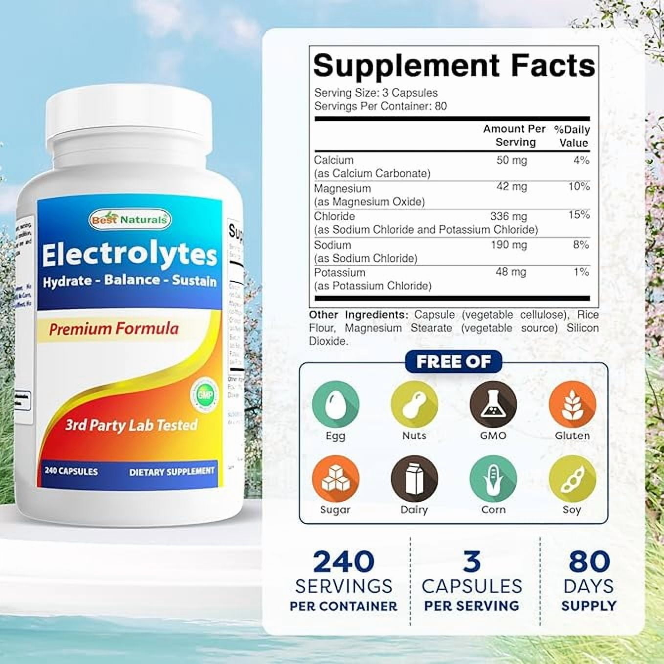 (3 pack) Best Naturals Electrolytes Hydrate-Balance- Sustain Premium Formula 240 Capsules. Gluten Free and Non-GMO.