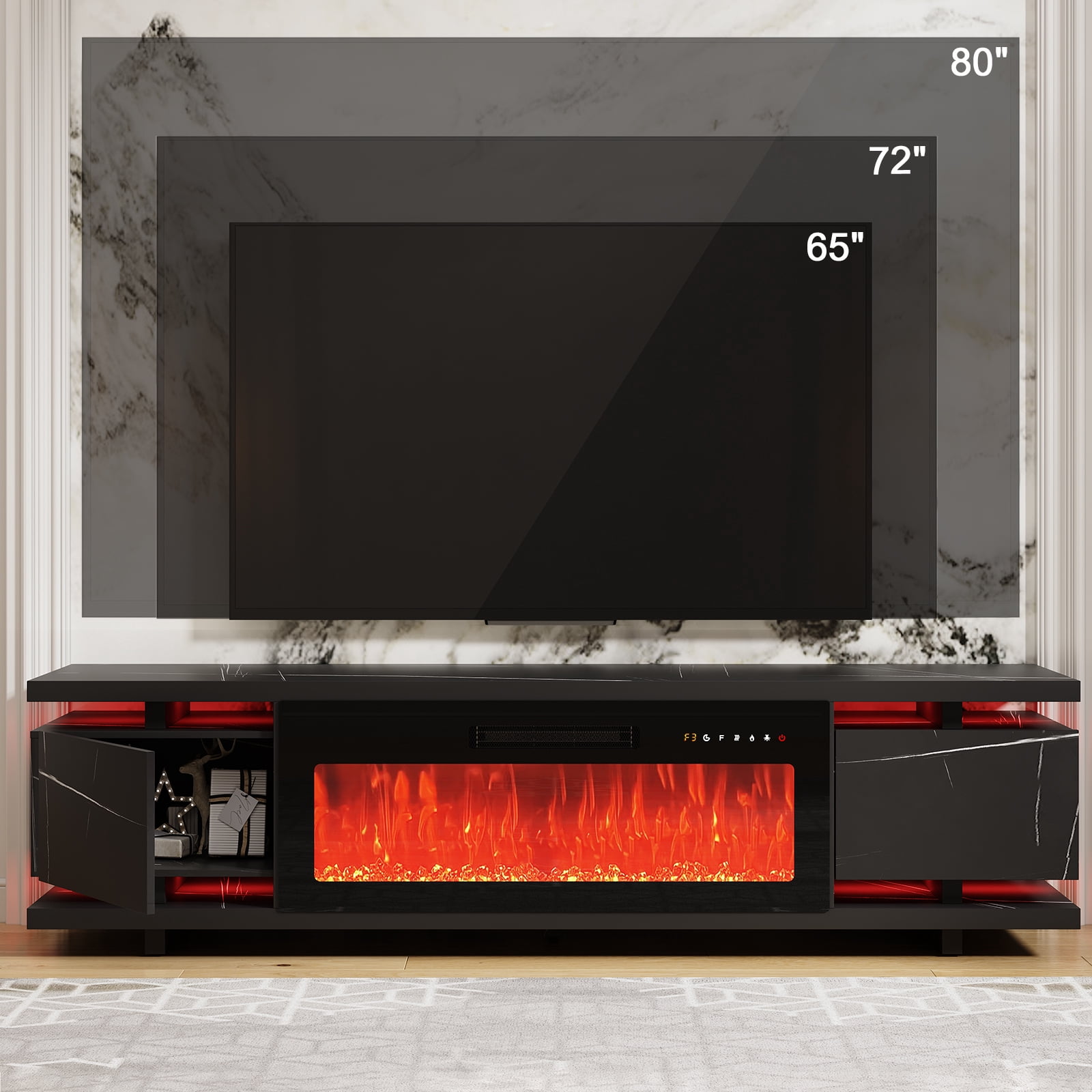 Redayfur 69" TV Stands with Electric Fireplace for TVs up to 80",Remote Control and LED Lights,Black