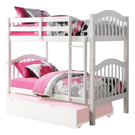 Bowery Hill Twin Over Twin Bunk Bed in White with Ladder and Guard Rail, Convertible into Two Twin Beds