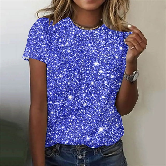 Fartey T-Shirts à Imprimé Scintillant pour Femmes Grande Taille Été Manches Courtes T-Shirt Doux Confortable Col Rond T-Shirts Mode T-Shirts Graphiques Chic Décontracté Blouses de Fête Bleu P-5TG