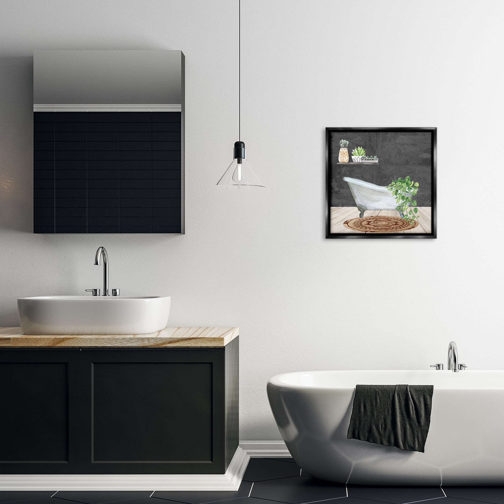 Stupell Industries Botanical Bathtub Scene Bath & Laundry Painting Black Floater Framed Canvas Art Print Wall Art, 18 x 18