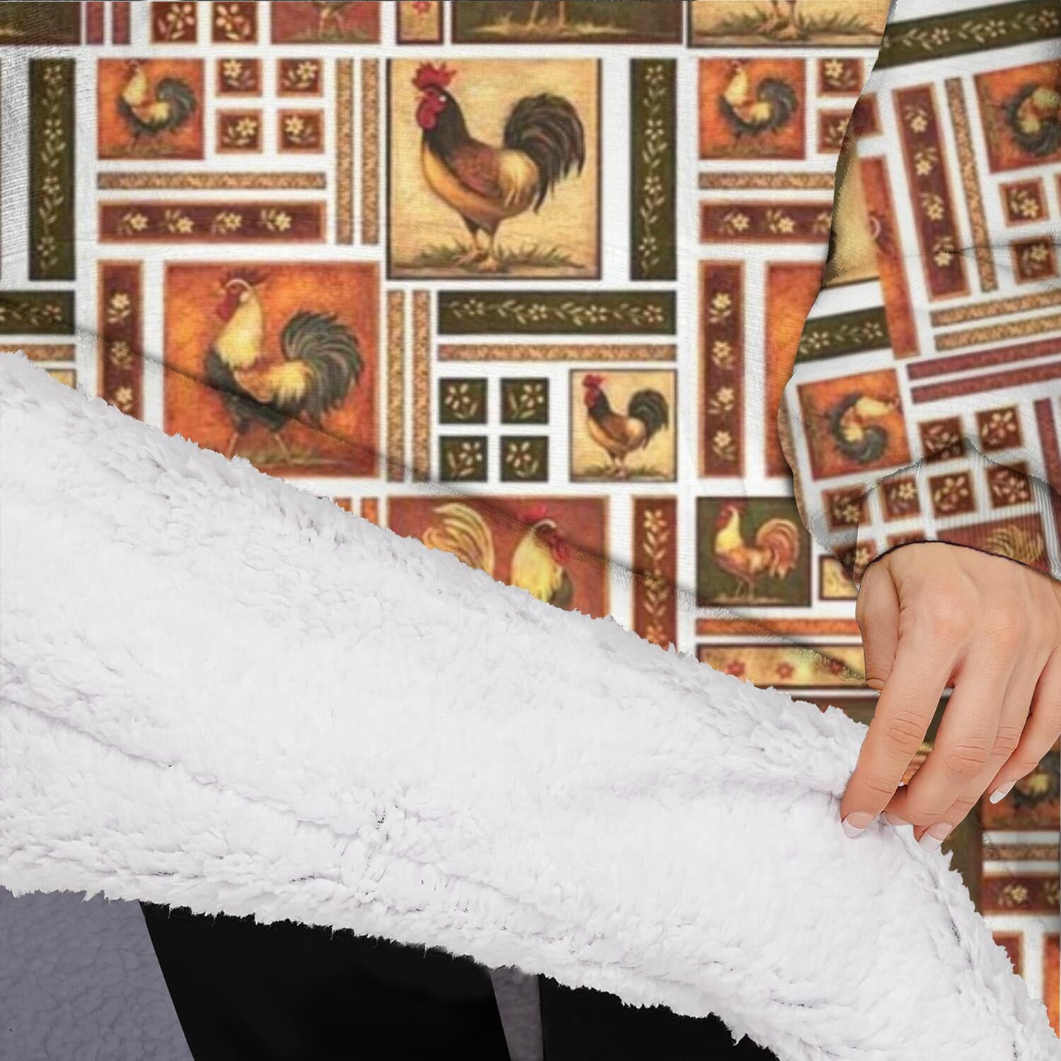 Oversized Wearable Blanket Hoodie,Patchwork Chicken Pattern Sherpa Blanket Hoodie with Super Pockets,Super Warm Fuzzy Pullover for Women & Men