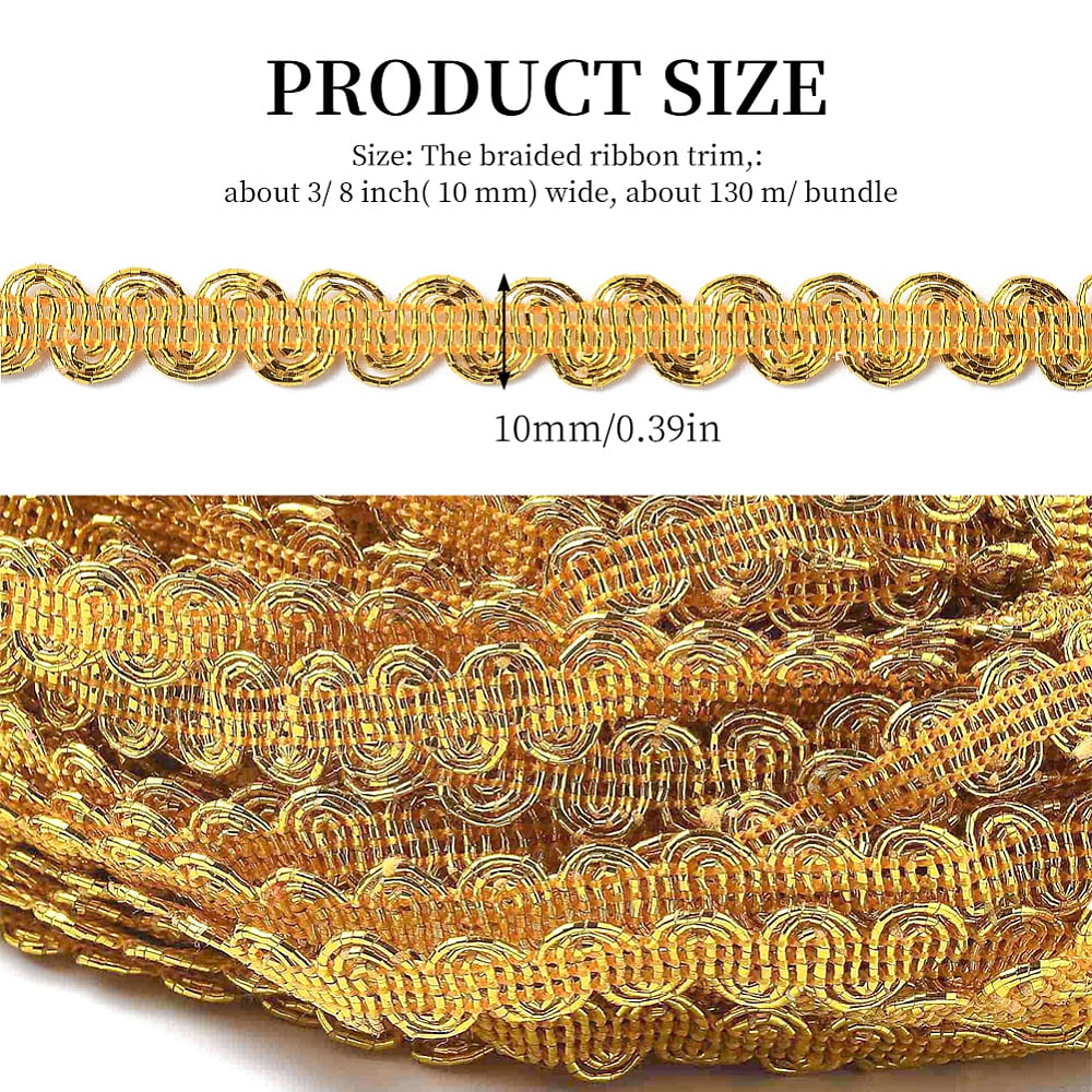 140 Yards 3/8 Inch Metallic Braid Lace Trim Gold Polyester Upholstery Ribbon Wave Pattern Scroll Decorated Gimp Woven Trimming diy