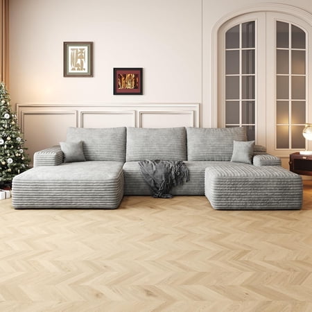 108" Plush Corduroy U-Shaped Sectional Sofa, Deep Seat Cloud Couch, Modular 5-Seat Design, No-Assembly Living Room Sofa
