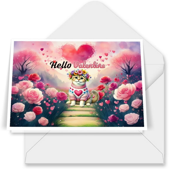 Hello Valentine’s Day Scottish Fold Flower Crown Romantic Pink Floral 7x5in Folded Greeting Card Cat Lover Kitten Owner Gifts Single Note Card with Envelope - 00031