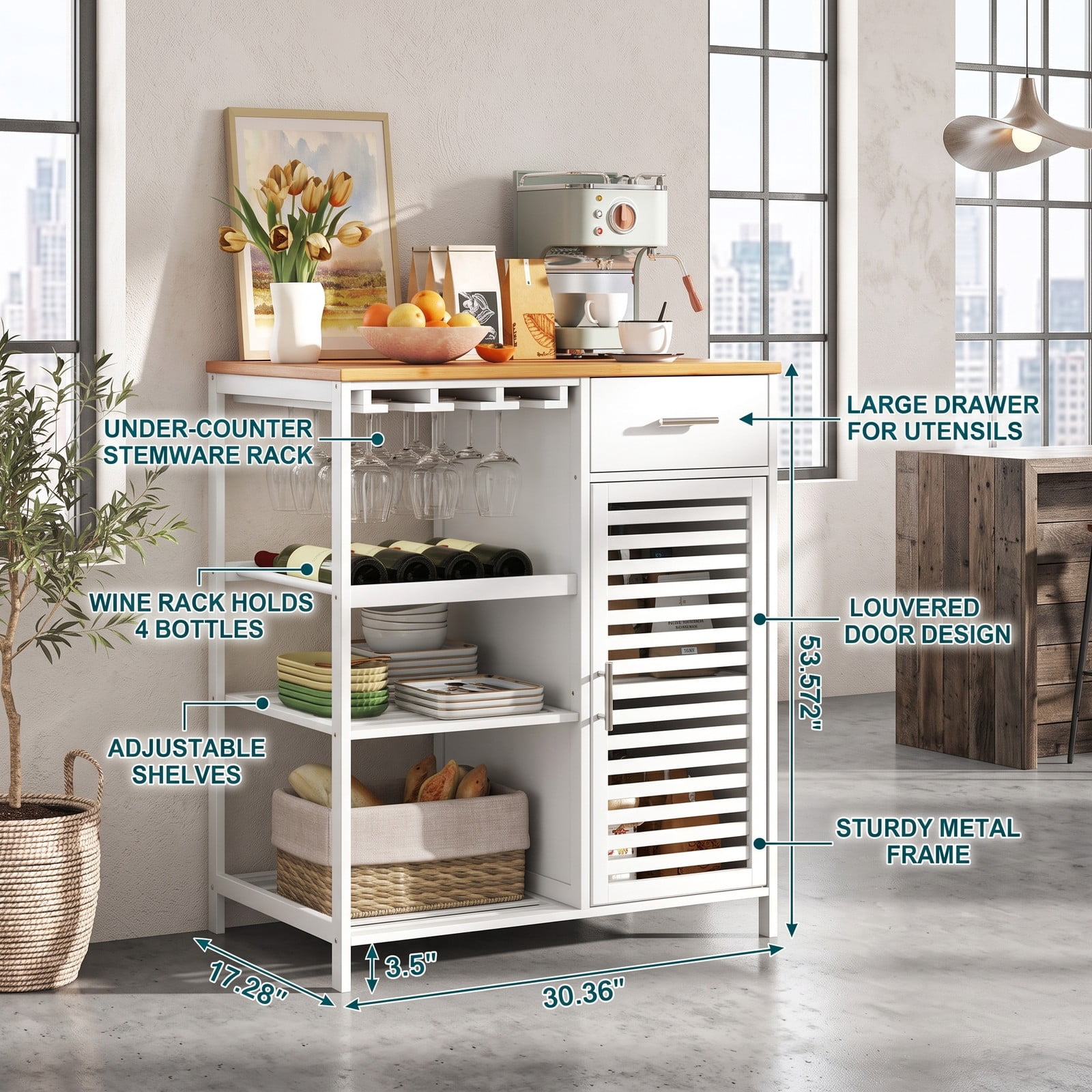 Furnibear Coffee Bar Cabinet with Wine Rack, Glass Holder and Bamboo Top, Farmhouse Buffet Sideboard Storage Cabinet with Drawer and Slatted Shelves for Kitchen, White